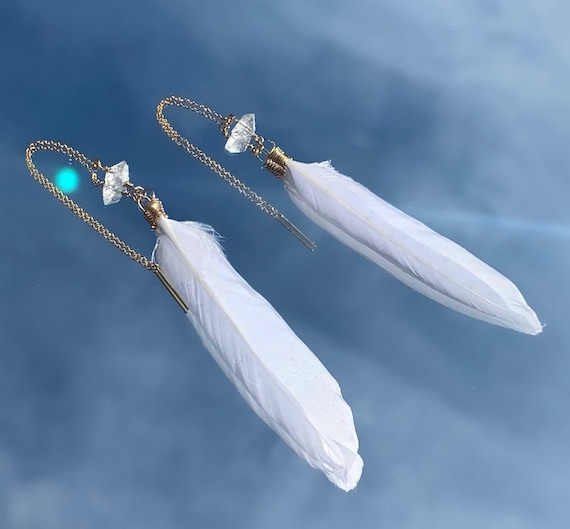 Rhinestone White Feather Earrings