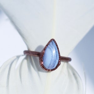 Blue Lace Agate Teardrop Ring, Blue Stone Gift for Her, Throat Chakra Stone Ring, Healing Gem Ring, Throat Chakra Stone, Crystal Ring Copper image 1