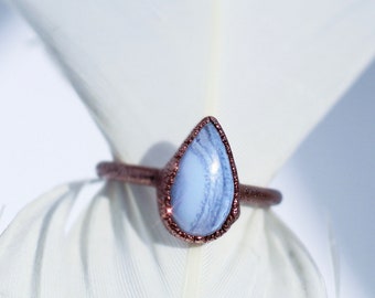 Blue Lace Agate Teardrop Ring, Blue Stone Gift for Her, Throat Chakra Stone Ring, Healing Gem Ring, Throat Chakra Stone, Crystal Ring Copper