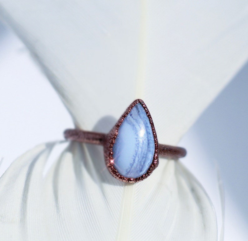 Blue Lace Agate Teardrop Ring, Blue Stone Gift for Her, Throat Chakra Stone Ring, Healing Gem Ring, Throat Chakra Stone, Crystal Ring Copper image 1