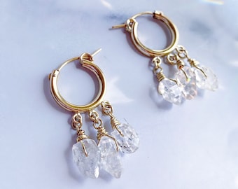 Herkimer Diamond Huggies, Crystal Ear Huggies, 14k Gold Huggie Earrings, Herkimer Diamond Hoop Earrings, Gift for Her, Sterling Silver Hoops