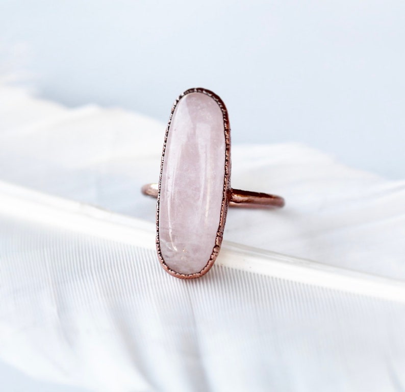 Large Rose Quartz Crystal Oval Shaped Stone Cocktail Statement Ring image 5