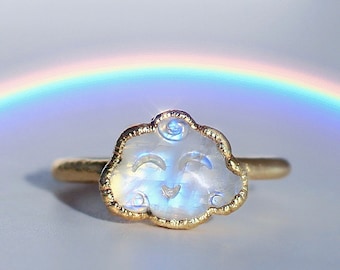 Moonstone Cloud Ring, Cloud Smiling Face Ring, Cloud Stone Ring, Copper Moonstone Ring, Kawaii Ring, Rainbow Moonstone Jewelry