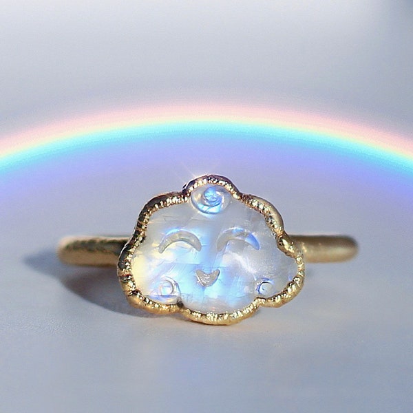 Moonstone Cloud Ring, Cloud Smiling Face Ring, Cloud Stone Ring, Copper Moonstone Ring, Kawaii Ring, Rainbow Moonstone Jewelry