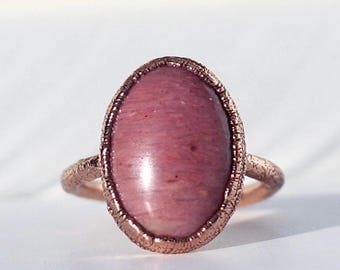 Electroformed Copper Rhodonite Ring: Oval Pink Stone Jewelry