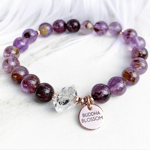Super Seven Mala Bracelet, Super Seven Bead Bracelet, Purple Mala Bracelet, Raw Gemstone Stretchy Bracelet, Beaded Crystal Bracelet