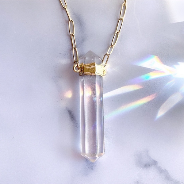 Chunky Crystal Quartz Point Necklace, Double Terminated Crystal Necklace, Clear Quartz Point Pendant, Crystal Necklace 14k, Gift for Her