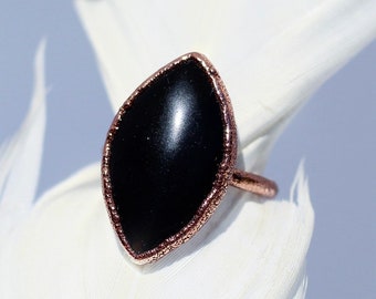 Obsidian Statement Ring, Black Marquise Stone Ring, Black Crystal Cocktail Ring, Large Black Oval Ring, Obsidian Jewelry, Obsidian Stone