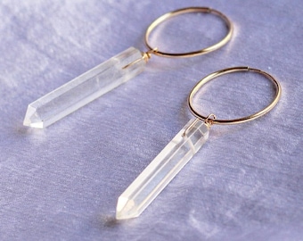 Crystal Quartz Huggies, Crystal Hoop Earrings, Crystal Quartz Ear Huggies, Gold Filled Huggie Charm Earrings, Sterling Silver Quartz Hoops