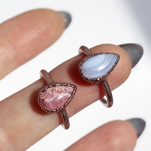 Blue Lace Agate Teardrop Ring, Blue Stone Gift for Her, Throat Chakra Stone Ring, Healing Gem Ring, Throat Chakra Stone, Crystal Ring Copper image 3