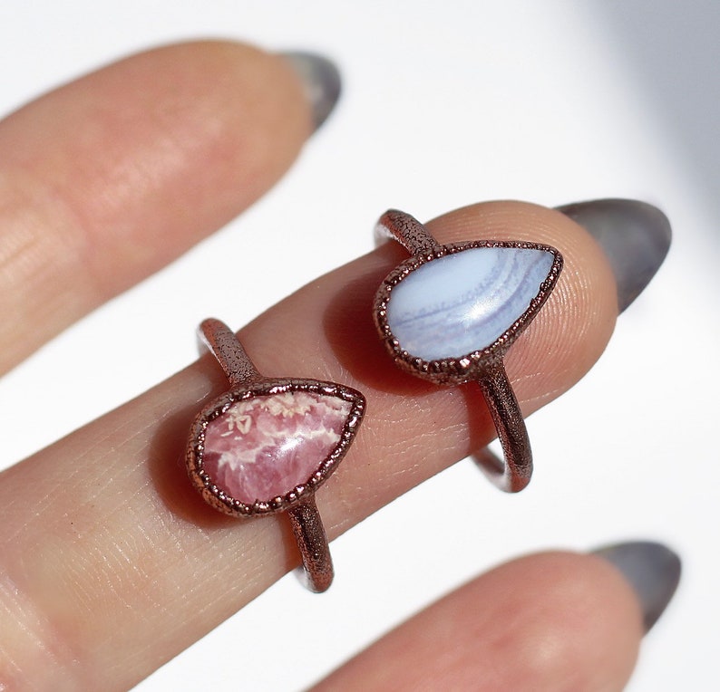 Blue Lace Agate Teardrop Ring, Blue Stone Gift for Her, Throat Chakra Stone Ring, Healing Gem Ring, Throat Chakra Stone, Crystal Ring Copper image 3