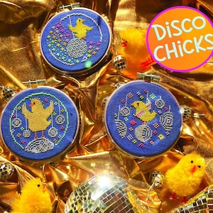 Disco Chicks (2024) by Ardith Designs -- paper chart, thread card, eye beads