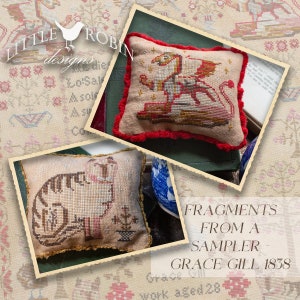 May include: Two cross-stitch cushion covers featuring designs from a sampler by Grace Gill in 1838. The first cushion features a red and gold griffin, the second cushion features a brown and white cat.