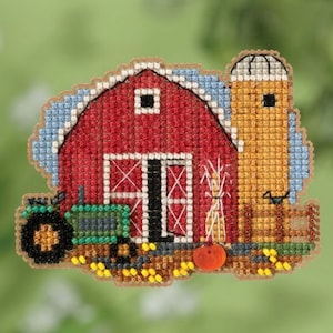 May include: A red barn with a green tractor in front of it. The barn has a silo and a hay bale in front of it. The scene is made of colorful beads.