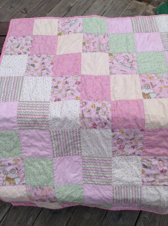 Pink Patchwork Baby Quilt - hand-sewn binding, machine quilted