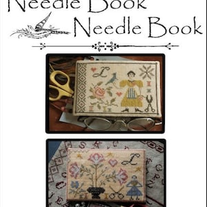 May include: Two needlepoint projects, both with the title "Needle Book" stitched in the top corner. The first project features a woman holding a bird and a pair of scissors. The second project features a bouquet of flowers in a pot.
