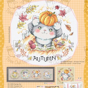 May include: Cross stitch pattern featuring a cute cartoon cat wearing a pumpkin on its head. The cat is surrounded by autumn leaves, mushrooms, and apples. The pattern is titled "Autumn Cat" and includes instructions for a 14-count fabric and a 32-count linen fabric. The pattern is available in a variety of sizes.
