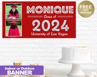 Class of 2024 Graduation Photo Banner ~ Congrats Grad Personalized Banner - School Colors Graduation Banner, Red and Silver Grad Banner