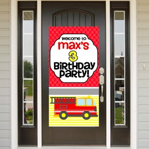 Fire truck Birthday Door Banner Personalized Welcome to the Party Banner, 1st Birthday Banner, Happy Birthday Banner image 1