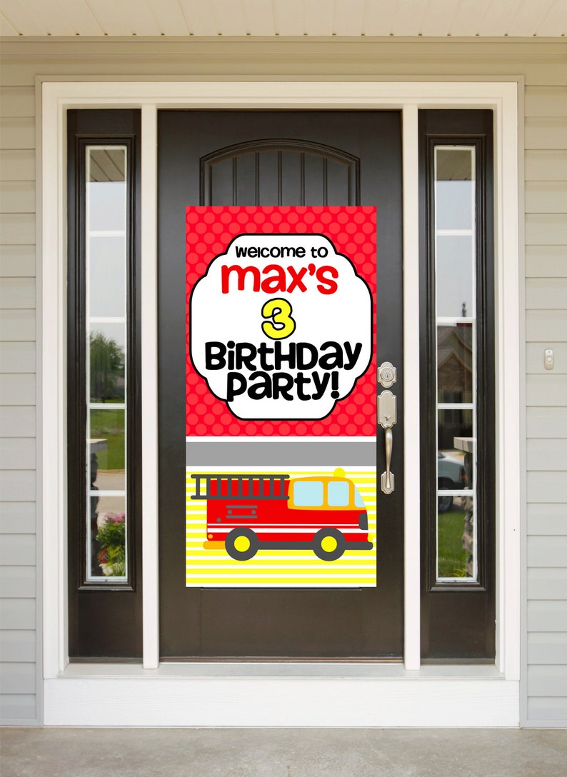 Fire truck Birthday Door Banner Personalized Welcome to the Party Banner, 1st Birthday Banner, Happy Birthday Banner image 1