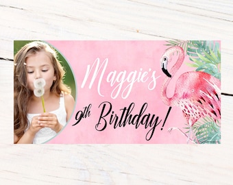 Watercolor Flamingo Personalized Banner, Happy Birthday Banner- Pool Party Photo Banner, Summer Fun Banner, Pink Flamingo Printed Banner