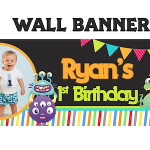 Little Monster Birthday Banner Personalized Party Banners, Photo First Birthday Banner, Vinyl Banner Printed, First Birthday Banner image 1