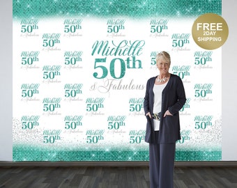 50th Birthday Personalized Photo Backdrop | Aqua 50th Birthday Photo Backdrop | Step & Repeat Photo Backdrop, 50 and Fabulous Photo Backdrop