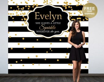 Bridal Shower Personalized Photo Backdrop | Black and White Stripes Photo Backdrop | Birthday Backdrop | Printed Photo Booth Backdrop