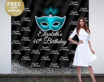 40th Birthday Personalized Photo Backdrop | Masquerade Mask Photo Backdrop | Party Backdrop | Step and Repeat Backdrop | Aqua Mask Birthday
