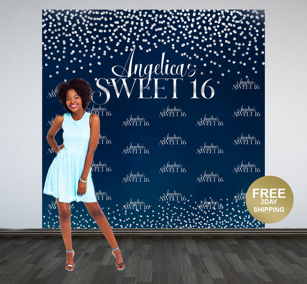 Sweet Sixteen Personalized Photo Backdrop -Navy Blue and Silver Photo