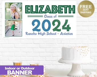 Class of 2024 Graduation Photo Banner ~ Congrats Grad Personalized Party Banners -School Colors Graduation Large Banner, Green and Blue Grad