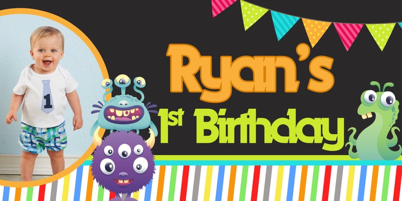 Little Monster Birthday Banner Personalized Party Banners, Photo First Birthday Banner, Vinyl Banner Printed, First Birthday Banner image 2