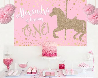 Carousel Horse Pink Personalized Party Backdrop - First Birthday Cake Table Backdrop, Baby Shower Backdrop- Birthday Backdrop, Printed