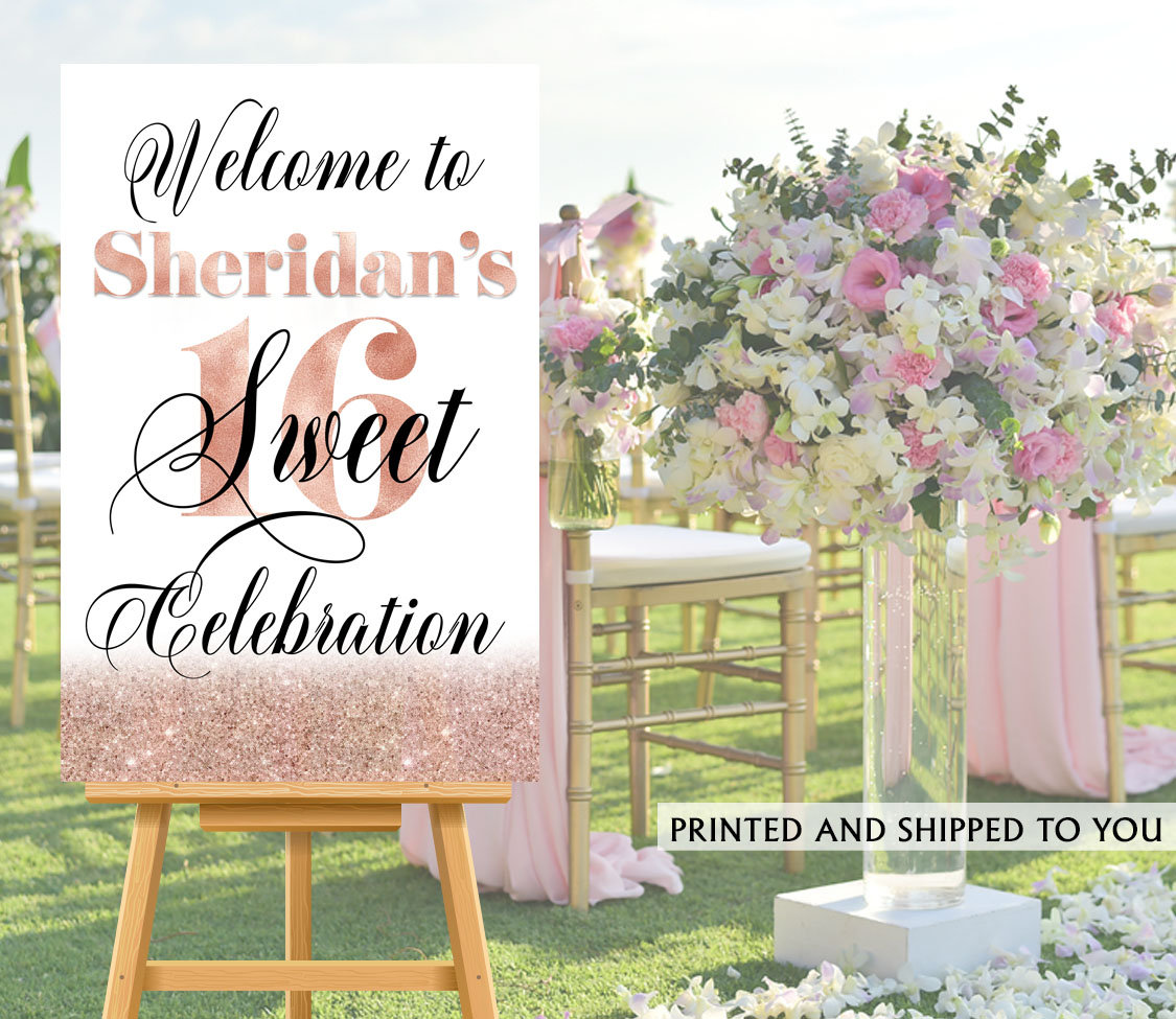 Silver and Pink Welcome Sign Sweet Sixteen Welcome Sign Landscape Sweet 16 Birthday Welcome Sign W838