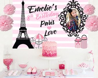 Paris Love Personalized Photo Backdrop - Birthday Cake Table Backdrop - Eiffel Tower Backdrop, Paris Party Backdrop, Birthday Backdrop