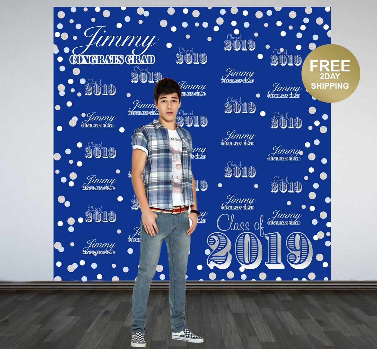 Congrast Grad Personalized Backdrop Blue and Silver Photo Backdrop