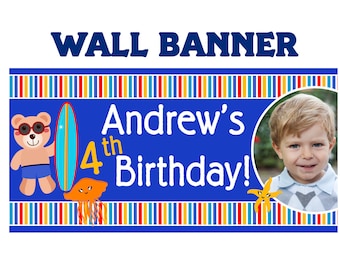 Summer Swim Happy Birthday Banner ~ Personalized Ocean Friends Photo Party Banners, Kids Birthday Banner, Pool Party Printed Banner