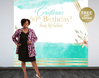 50th Birthday Photo Backdrop | Watercolor Floral Personalized Photo Backdrop | Living Life Golden Backdrop | Custom Photo Backdrop | Printed