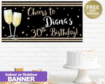 Cheers to 30th Photo Banner  ~ Personalized Banner Party Banners - Champagne Glasses Birthday Banner, Printed Banner