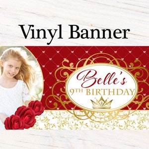 Beauty Princess Banner Personalized Party Banners Photo First Birthday Banner Custom Banner Red Roses Banner, Royal Princess Banner image 1