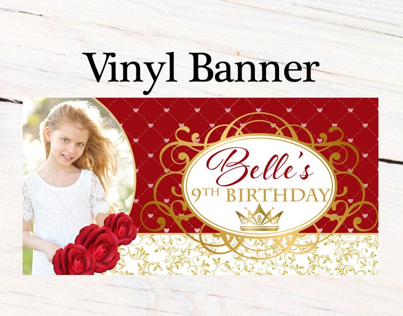 Beauty Princess Banner Personalized Party Banners Photo First Birthday Banner Custom Banner Red Roses Banner, Royal Princess Banner image 1