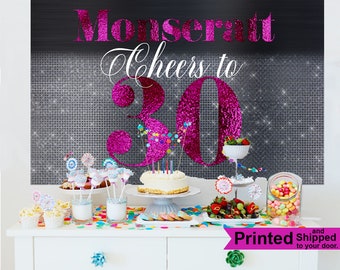 Cheers to 30 Backdrop - Birthday Photo Backdrop - 30th Birthday Backdrop - Custom Backdrop, Printed Backdrop, Fushia and Black Backdrop