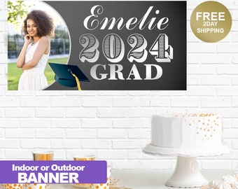 Graduation Photo Banner | Congrats Grad Personalized Party Banners | Chalkboard Graduation Banner | Class of 2024 Grad Banner, Custom Banner