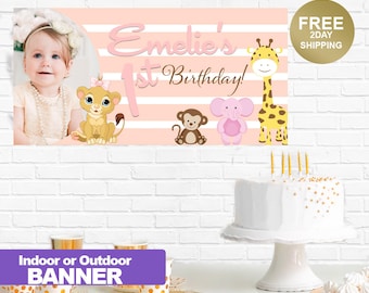 Jungle Friends Birthday Banner ~ Personalized First Birthday Banners -Happy Birthday Banner, 1st Birthday Girl Banner, Printed Banner