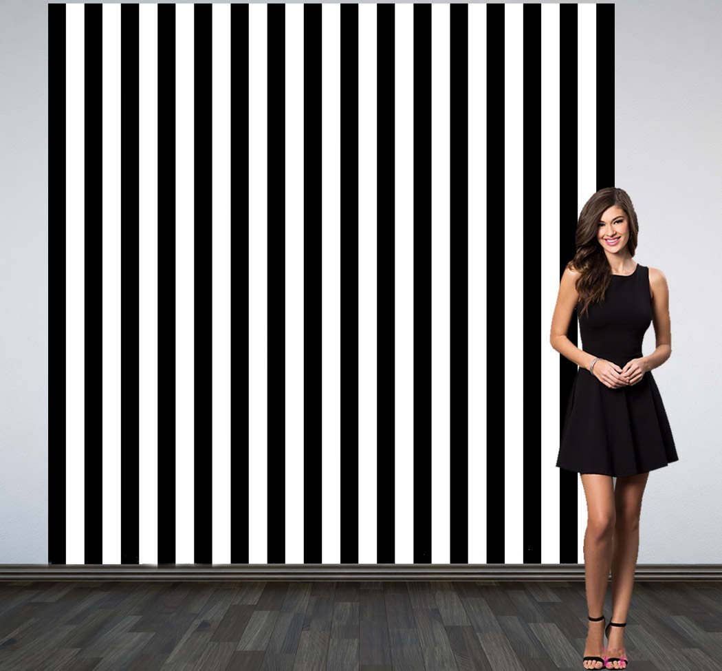 Black and White Stripes Party Personalized Photo Backdrop Vertical