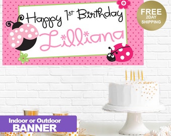 Lady Bug Banner | Birthday Banner | Happy Birthday Banner | First Birthday Banner |Pink Lady Bug Banner |Personalized Banner |Custom Banner