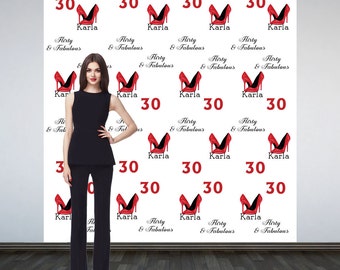 Stepping into 30 Personalized Photo Backdrop -Red Heels Step and Repeat Photo Backdrop- 30th Birthday Party Photo Backdrop -Custom Backdrop