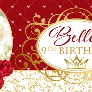 Beauty Princess Banner Personalized Party Banners Photo First Birthday Banner Custom Banner Red Roses Banner, Royal Princess Banner image 2