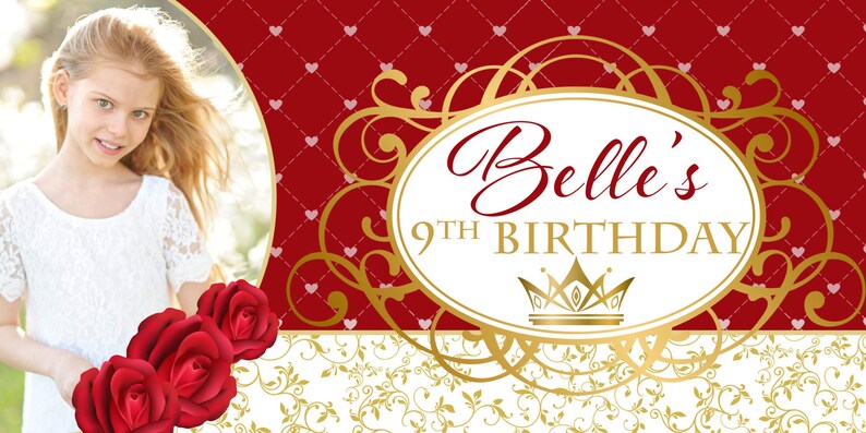 Beauty Princess Banner Personalized Party Banners Photo First Birthday Banner Custom Banner Red Roses Banner, Royal Princess Banner image 2