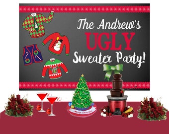 Ugly Christmas Sweater Party Personalize Backdrop - Holiday Cake Table Backdrop - Christmas Photo Backdrop, Holiday Party Backdrop